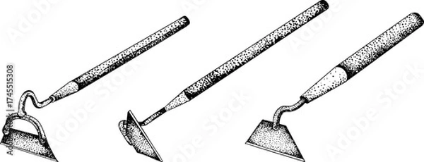 Fototapeta Intricate black-and-white engraving of three garden hoes with detailed dot patterns, perfect for farming, gardening, or rustic design projects.