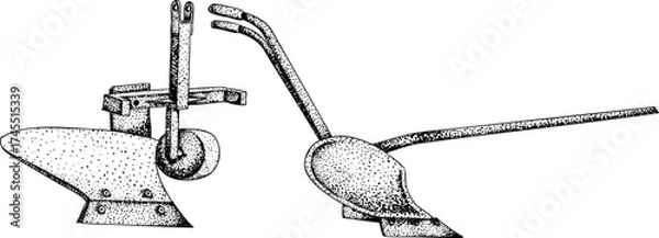Fototapeta Intricate black-and-white engraving of two plows with detailed dot patterns, ideal for farming, agriculture, or vintage tool designs.