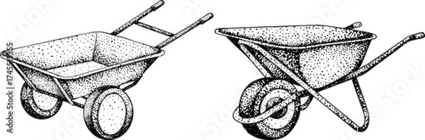 Fototapeta Intricate black-and-white engraving of two wheelbarrows with detailed dot patterns, perfect for gardening, farming, or rustic design projects.