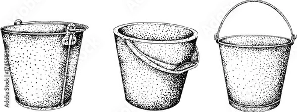 Fototapeta Intricate black-and-white engraving of three buckets, ideal for farm, rustic, or vintage design projects.