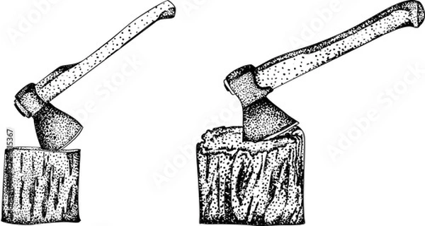 Fototapeta Intricate black-and-white engraving of three garden hoes with detailed dot patterns, perfect for farming, gardening, or rustic design projects.