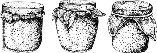 Fototapeta Intricate black-and-white engraving of three jars with fabric lids, perfect for homemade preserves, rustic, or vintage designs.