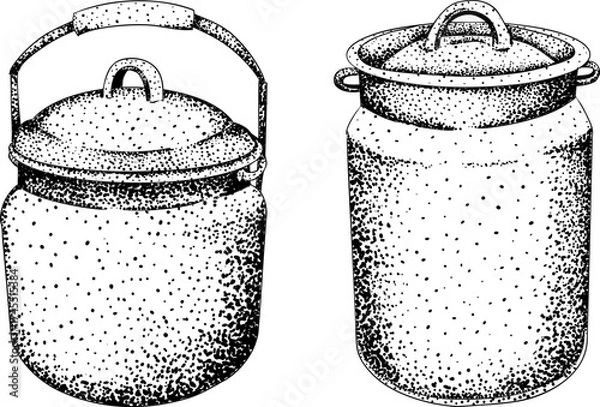 Fototapeta Intricate black-and-white engraving of two pots with handles and lids. Ideal for kitchen, rustic, or vintage designs.