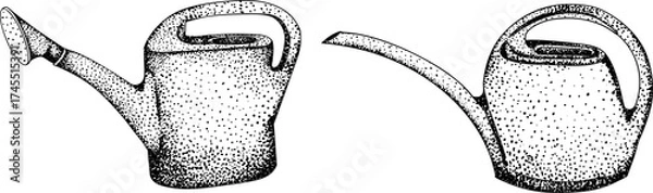 Fototapeta Intricate black-and-white engraving of two watering cans, perfect for gardening, nature, or rustic design projects