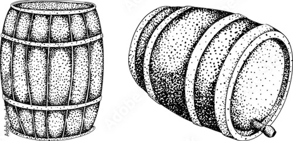 Fototapeta Intricate black-and-white engraving of two barrels, perfect for winery, rustic, or vintage design projects.