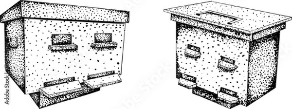 Fototapeta Intricate black-and-white engraving of two beehives, perfect for beekeeping, nature, or rustic design projects.