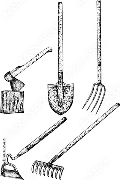 Fototapeta Intricate black-and-white engraving of three garden hoes with detailed dot patterns, perfect for farming, gardening, or rustic design projects.