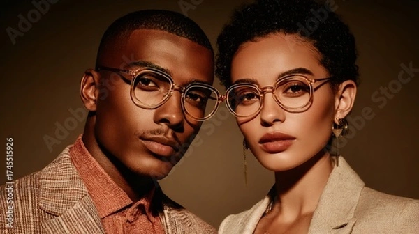 Obraz Diverse young couple posing wearing modern eyeglasses