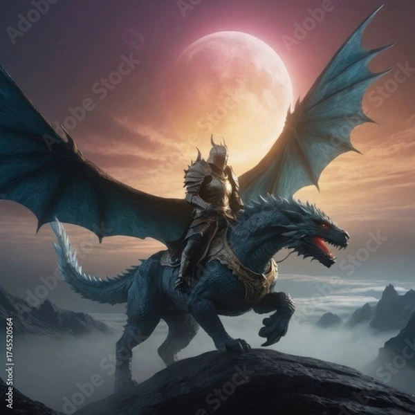 Obraz «Moonlit Confrontation: Warrior vs. the Shadow Dragon»