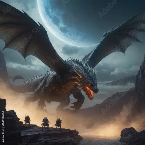 Obraz «Moonlit Confrontation: Warrior vs. the Shadow Dragon»