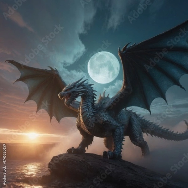 Obraz «Moonlit Confrontation: Warrior vs. the Shadow Dragon»