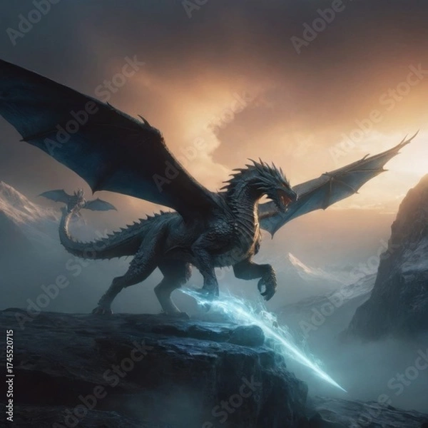 Obraz «Moonlit Confrontation: Warrior vs. the Shadow Dragon»