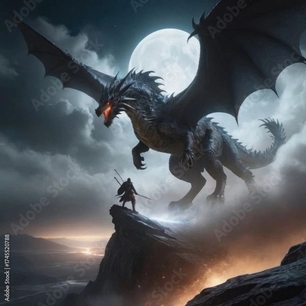 Obraz «Moonlit Confrontation: Warrior vs. the Shadow Dragon»