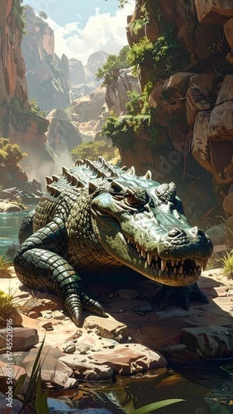 Fototapeta Large green crocodile resting near a shallow stream in a rocky canyon. Sunlight highlights the creature