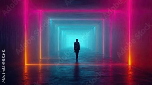 Fototapeta Person walking alone through winding maze path concept. A silhouette stands in a vibrant neon-lit corridor, evoking mystery.