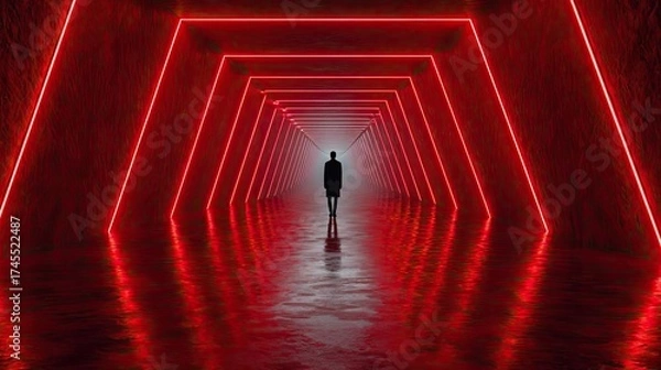 Fototapeta Person walking alone through winding maze path concept. A solitary figure stands in a red-lit geometric tunnel.