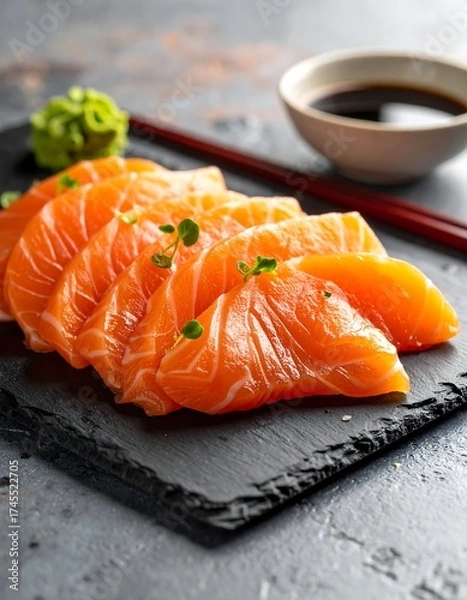 Fototapeta Fresh salmon sashimi on slate board, with wasabi and soy sauce