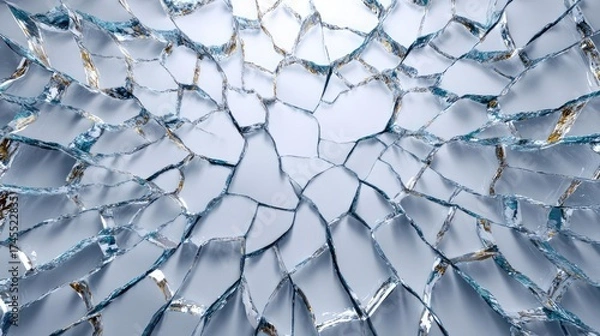 Fototapeta Broken glass on white background texture concept. Close-up of shattered glass with intricate patterns and reflections.