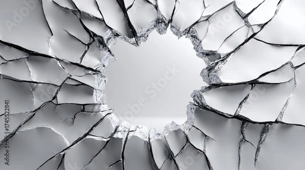 Fototapeta Broken glass on white background texture concept. A shattered wall with a circular hole, revealing a blank space.