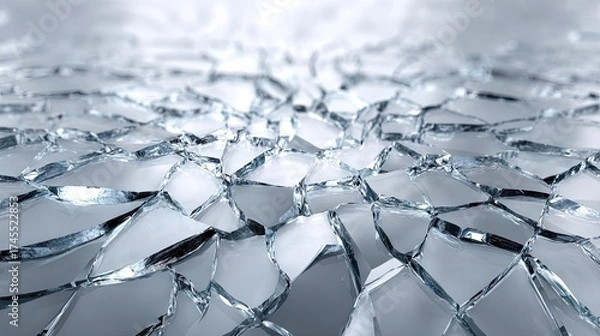 Fototapeta Broken glass on white background texture concept. Close-up view of shattered glass creating sharp reflections.