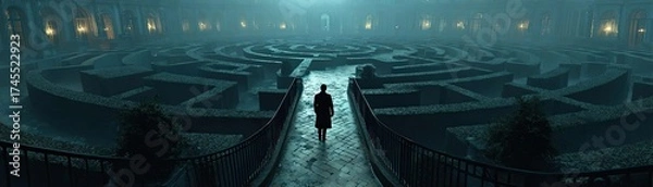 Fototapeta Person walking alone through winding maze path concept. Mysterious maze with fog and a lone figure exploring its paths.