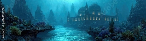 Fototapeta Fantasy underwater library of ocean antiquity concept. An enchanting underwater city with ancient architecture and mystery.