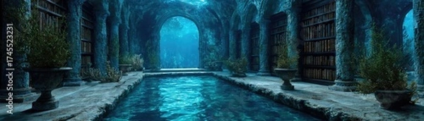 Fototapeta Fantasy underwater library of ocean antiquity concept. Mystical underwater scene featuring ancient ruins and a serene pool.