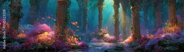 Fototapeta Fantasy underwater library of ocean antiquity concept. A vibrant fantasy forest filled with colorful flowers and light.