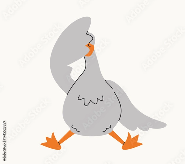 Fototapeta Upset goose sits. Cute bird in linear flat style.