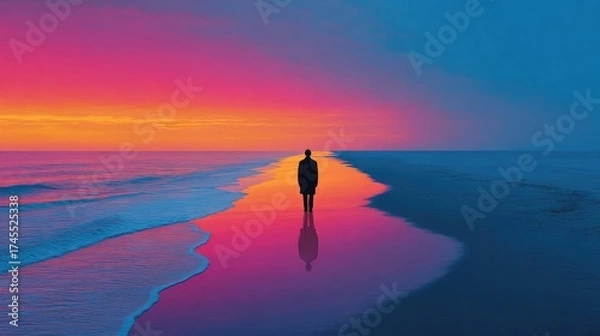Fototapeta Man walking on beach between two blue seas concept. A solitary figure walking along a serene beach at sunset.