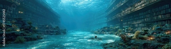 Fototapeta Fantasy underwater library of ocean antiquity concept. An underwater library filled with books and aquatic life.