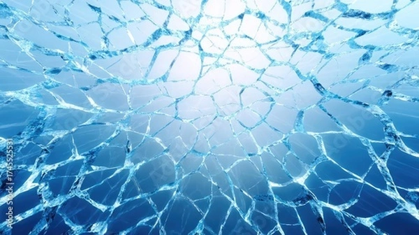 Fototapeta Broken glass on white background texture concept. A close-up view of intricate water patterns under bright blue light.