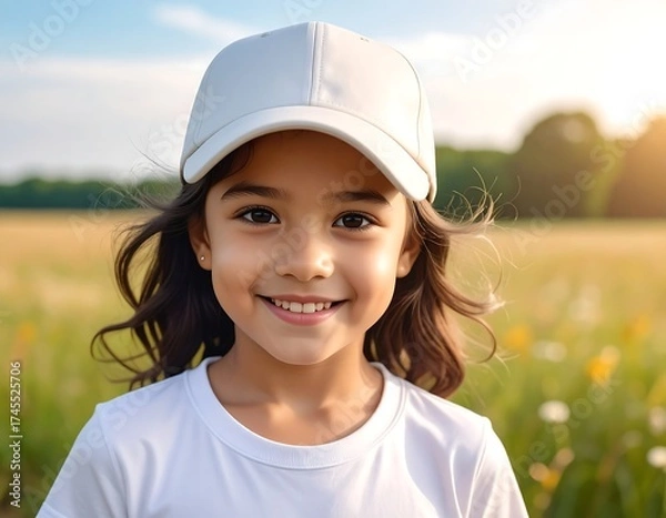Obraz Smiling young girl in a field, wearing a white cap