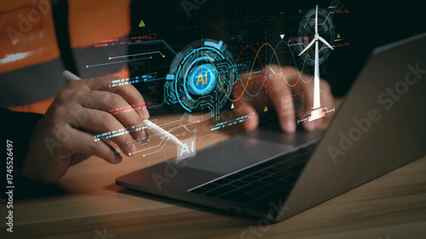 Fototapeta Engineer analyzing AI-powered smart industrial system with digital holographic design, symbolizing innovation, automation, and advanced technology in modern factory and future industry.