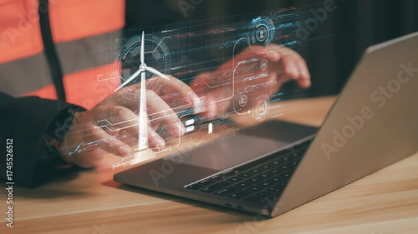 Fototapeta Professional engineer monitoring virtual industrial plant with futuristic holographic interface, representing smart factory technology, digital transformation, and automation in modern manufacturing.