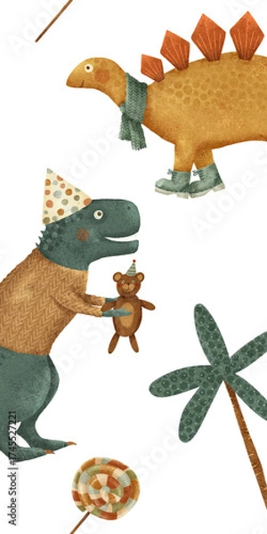 Fototapeta Whimsical Dinosaurs Joyfully Celebrating with Colorful Toys and Tasty Treats Galore