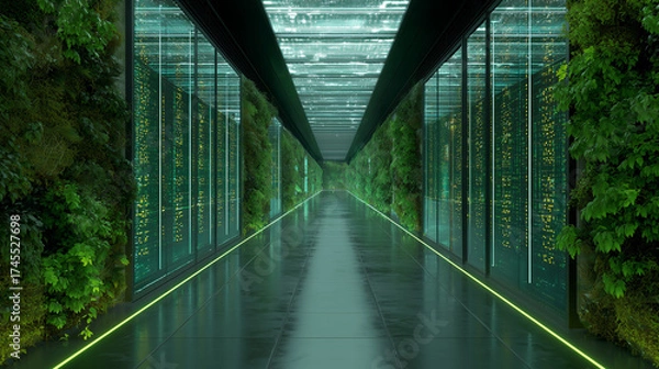 Obraz Sustainable Data Center Bathed in Sunlight with Glowing Green LEDs