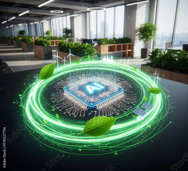 Obraz Futuristic Green-Tech Office with Floating Wind Turbines and Glowing AI Chip