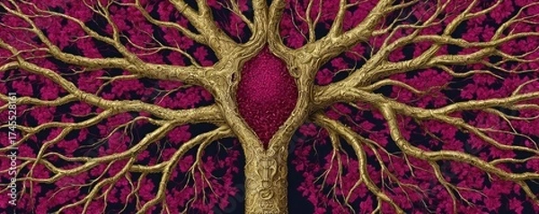 Fototapeta Plaque buildup causing blocked vein or artery concept. A vibrant tree illustration with intricate branches and rich colors.