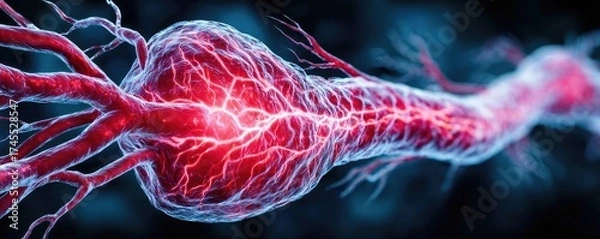 Fototapeta Plaque buildup causing blocked vein or artery concept. Close-up view of a glowing blood vessel with red hues.
