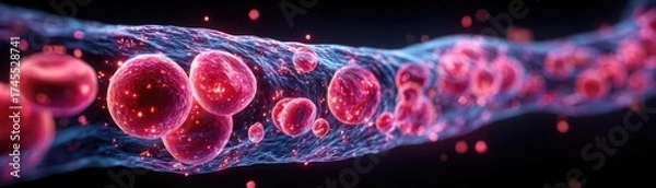 Fototapeta Thrombus obstructing red blood cells stream in artery concept. Abstract visualization of red blood cells in a flowing stream.