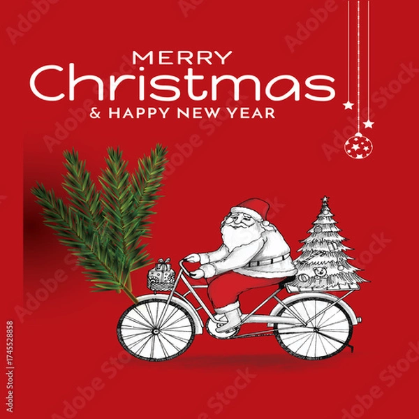 Fototapeta christmas, card, winter, holiday, santa, xmas, snow, vector, tree, illustration, santa claus, celebration, snowman, cartoon, merry, gift, greeting, claus, happy, decoration, year, new year, design, me