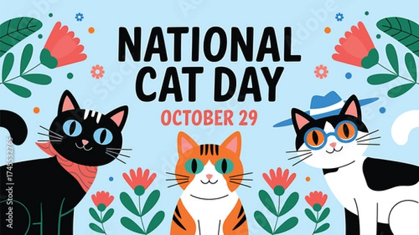 Fototapeta Vector art of happy national cat day banner with three cute cartoon cats, flowers, and text celebrating october 29