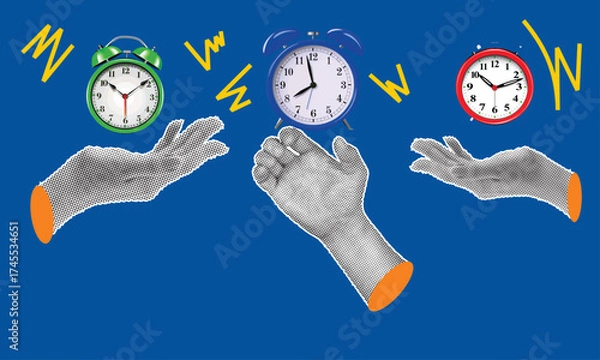 Fototapeta Creative Concept of Hands Reaching for Vibrating Alarm Clocks Symbolizing Time Management, Deadlines, and Productivity Pressure