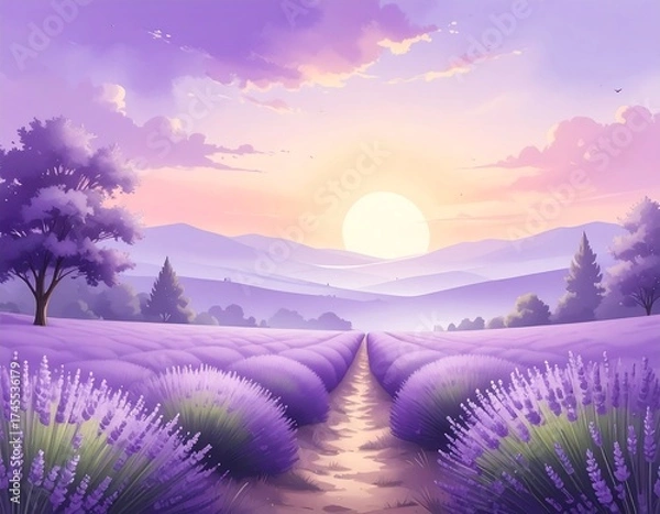 Fototapeta Lavender field path at sunrise.  Pastel purple landscape with a path through a field of lavender leading to a sunrise over rolling hills