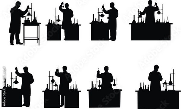 Fototapeta Laboratory research icon set, scientist silhouette vector, experiment pose, test tube handling, science lab, chemistry, line illustration