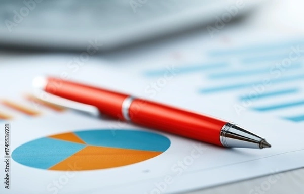Fototapeta Red pen marking finance report with colorful graphs in minimal industrial setting