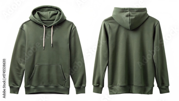 Fototapeta Front and back view of a green olive colored hooded sweatshirt with drawstrings and a kangaroo pocket isolated on transparent background