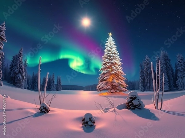 Obraz Peaceful snowy forest where northern lights form a glowing Christmas tree in the night sky, radiating vibrant colors, magical energy, and festive beauty across a tranquil winter wonderland landscape