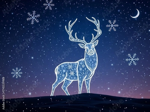 Obraz Vast winter night sky illuminated by swirling snowflakes shaping a glowing stag, blending magical winter beauty, seasonal wonder, and timeless festive symbolism into a captivating holiday atmosphere